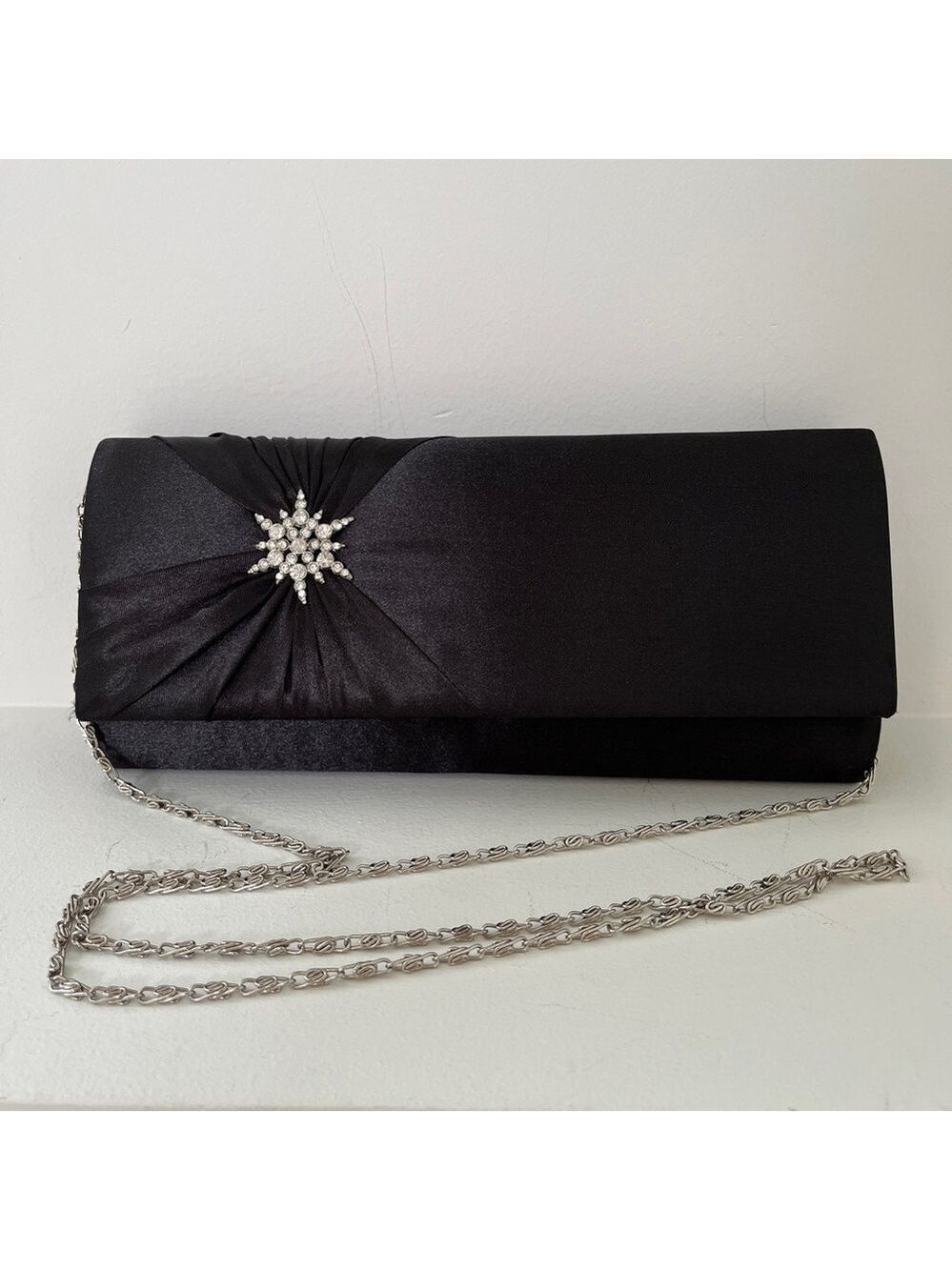 SHISEIDO Satin Evening Bag Rhinestone Starburst Clutch Shoulder Bag Event Chic
